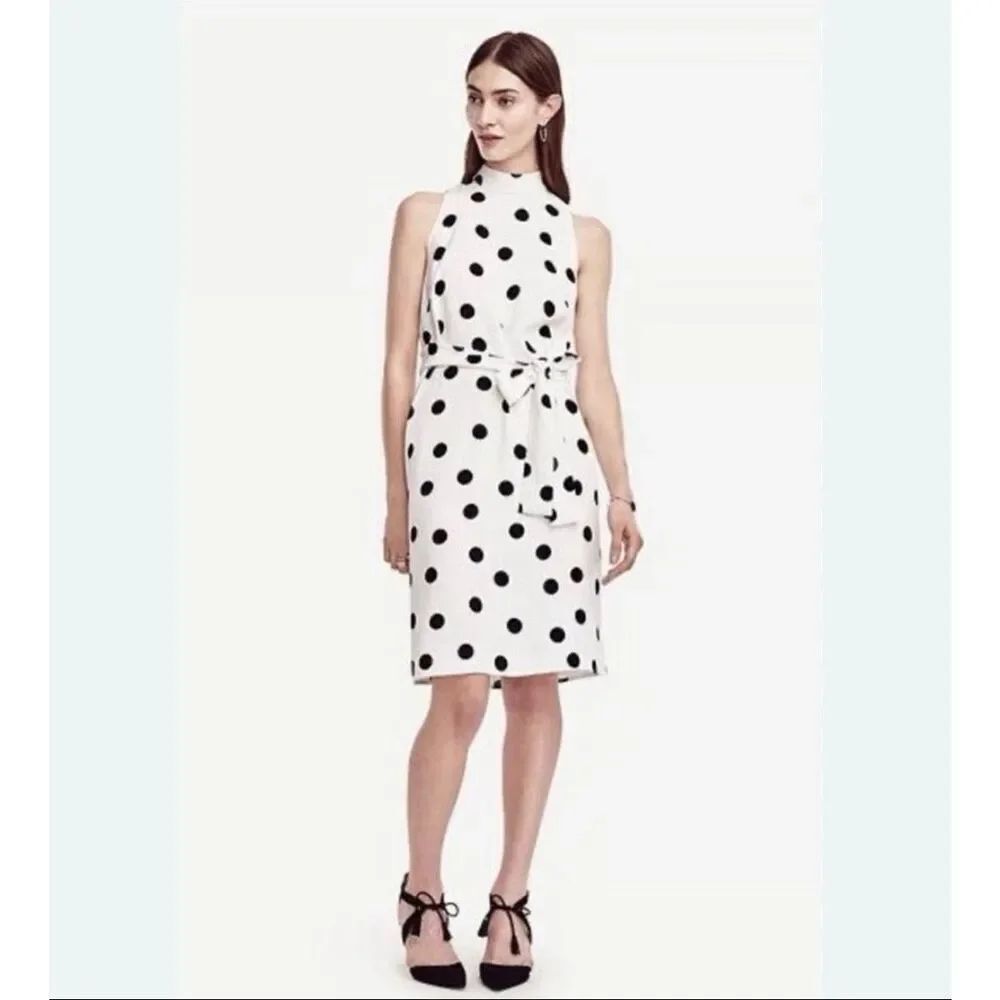 Ann Taylor NWT White Black Polka Dot High Neck Tie Waist Sheath Dress Size XS